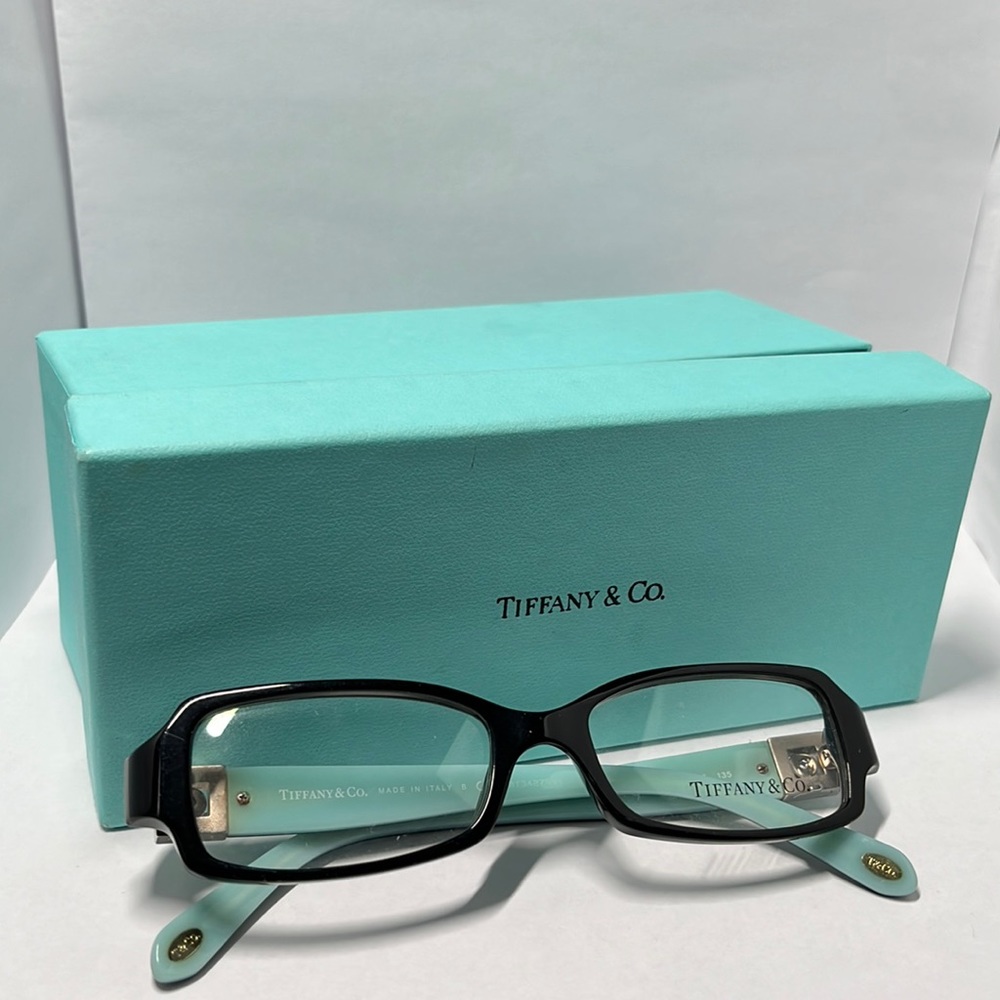 TIFFANY & CO 8001-2032 B EYEWEAR GLOSSY BLACK FRAME & BLUE TEMPLES CLEAR LENSES